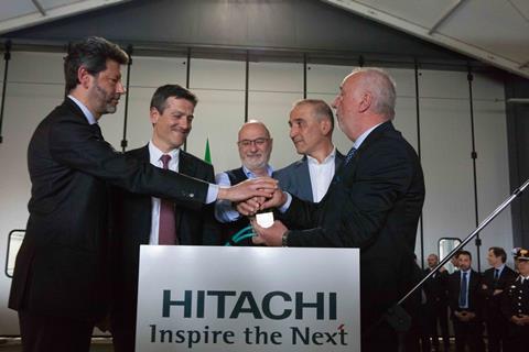 The first Rock double-deck EMU for Trenitalia was unveiled at Hitachi Rail Italy’s Pistoia factory (Photo: Hitachi Rail Italy).